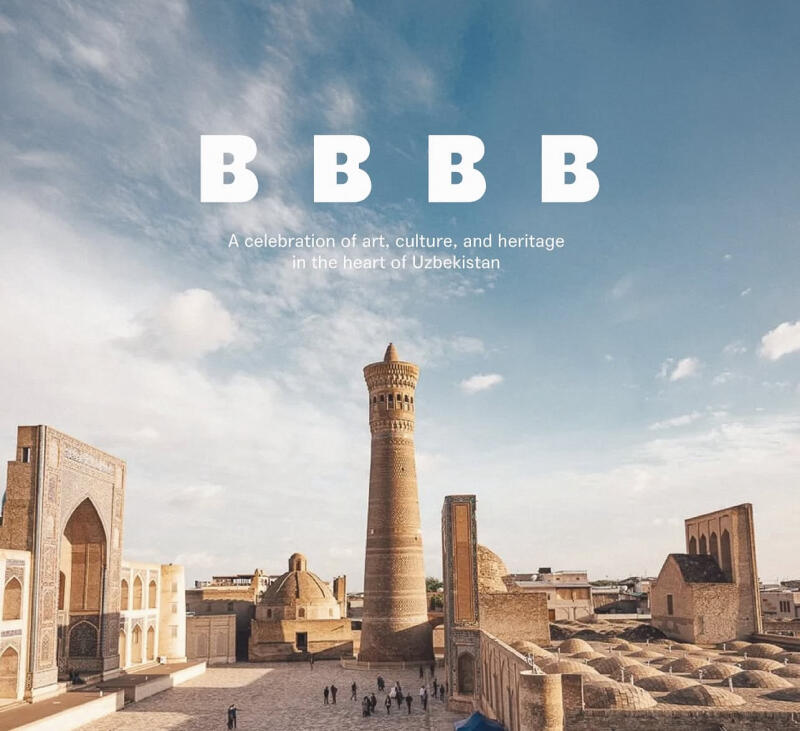 The image features a cityscape with historical architecture under a partly cloudy sky, with the text "BBBBB A celebration of art, culture, and heritage in the heart of Uzbekistan" overlaying the scene.