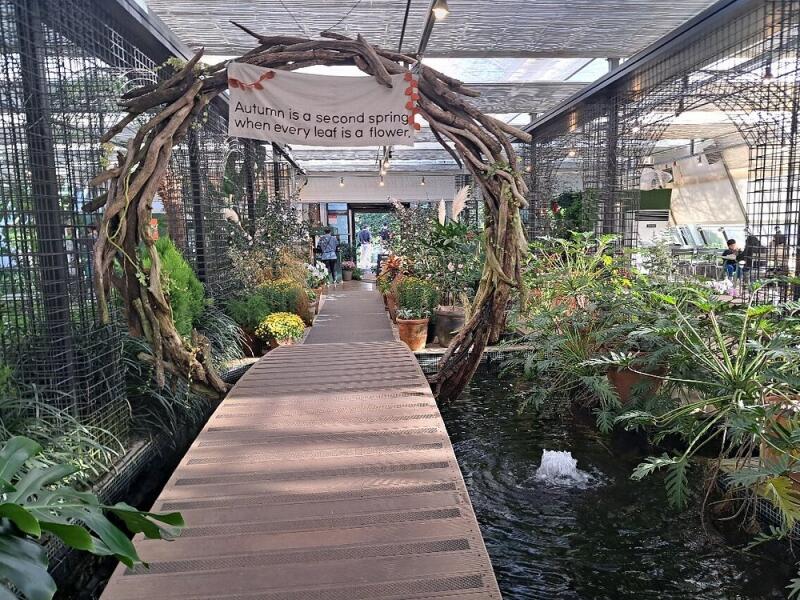 The photo shows a wooden bridge inside a greenhouse, leading through a circular arch made of branches, with a sign that reads "Autumn is a second spring when every leaf is a flower."