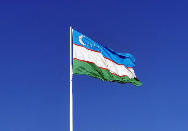 The flag of Uzbekistan is waving in the wind against a clear blue sky. The flag has horizontal bands of blue, white, and green, separated by thin red stripes, with a crescent moon and twelve stars in the upper left corner.