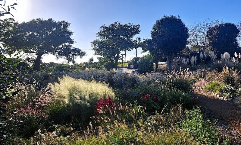 The landscape features a vibrant garden with tall grasses, trees, and various plants under a clear blue sky.