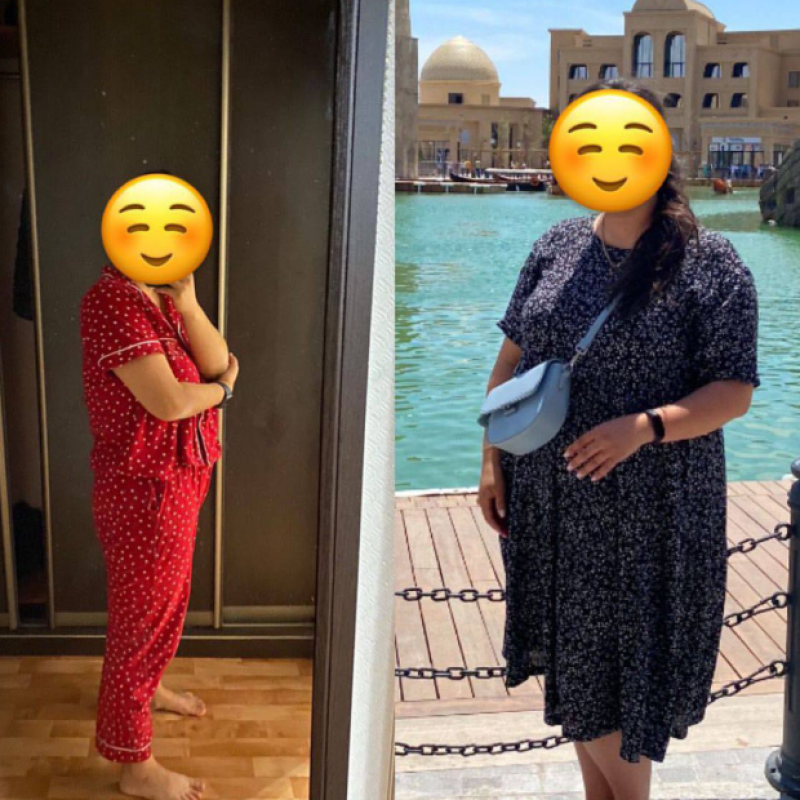 A split image shows a person in red pajamas on the left and the same person in a black floral dress with a blue purse in an outdoor setting on the right.