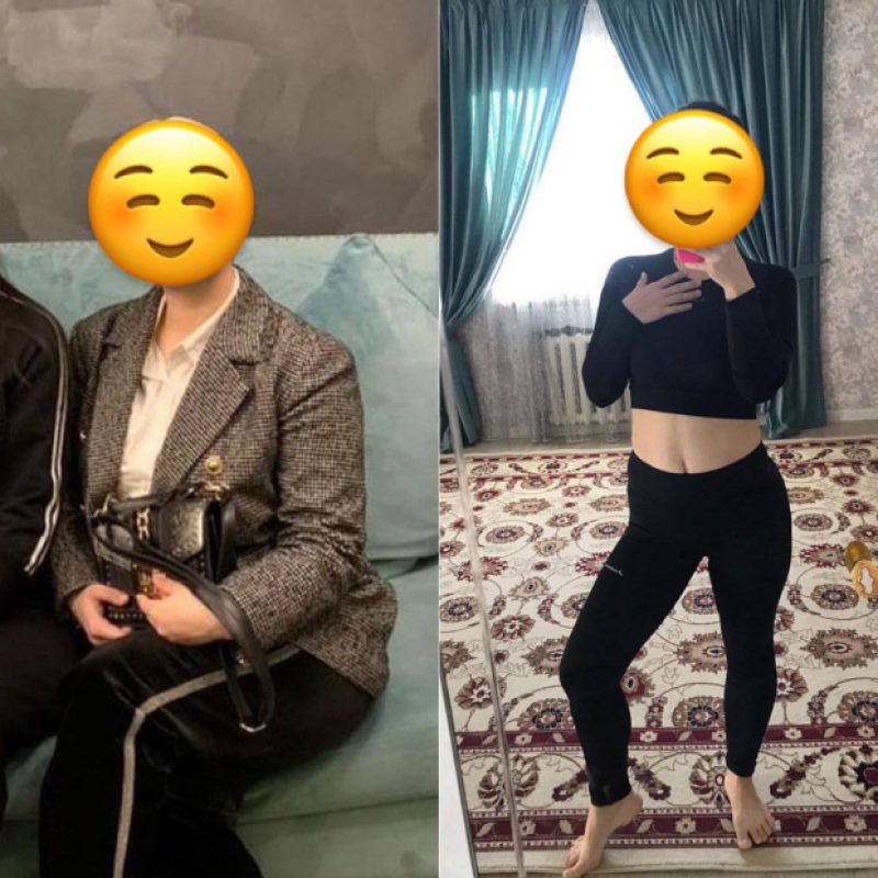 The composite image shows a before-and-after weight loss transformation, with the left side featuring a person in a blazer and pants and the right side showing the same person in workout attire, revealing a slimmer physique.