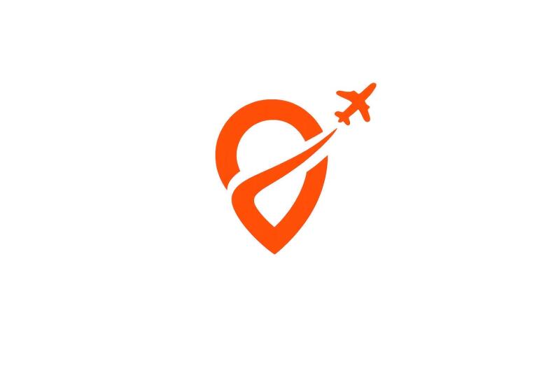 An orange logo features a stylized location pin with an airplane taking off from it.