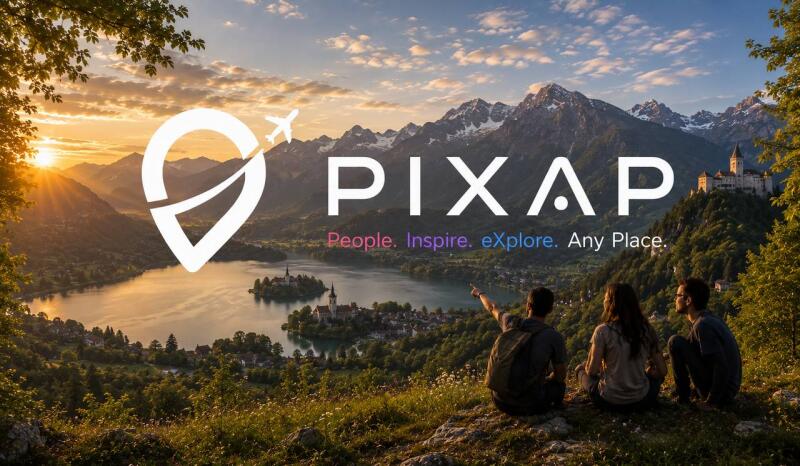 The image features a scenic landscape with mountains, a lake, and a castle, overlaid with the text "PIXAP People. Inspire. eXplore. Any Place." and a location pin icon with an airplane. In the foreground, three people are sitting and looking out at the view.