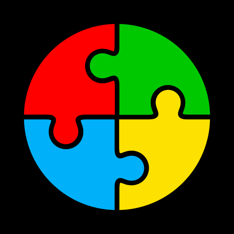 A circle is composed of four puzzle pieces in red, green, yellow and blue on a black background.