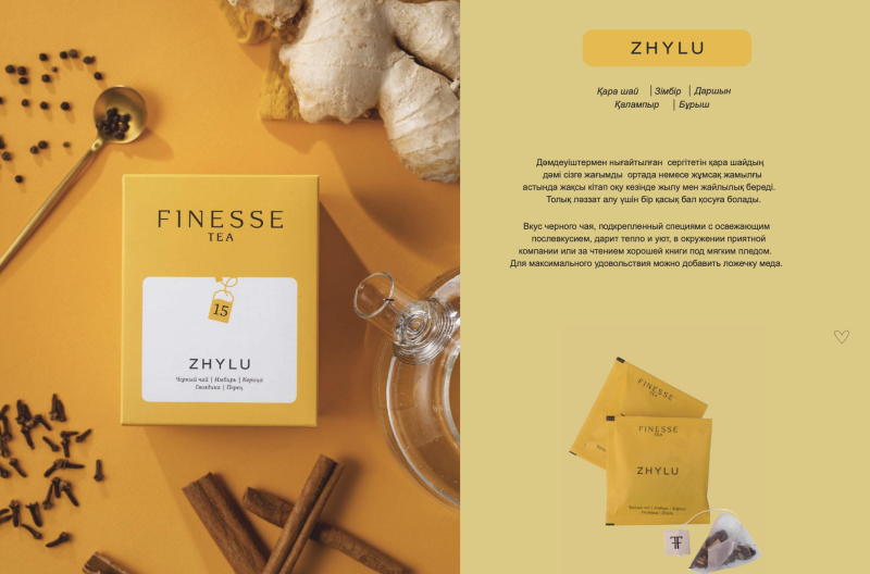 The image showcases a Finesse Tea package labeled 'ZHYLU' with ingredients listed as black tea, ginger, cinnamon, cloves, and pepper, alongside tea bags and accompanying spices like ginger, cloves, and cinnamon sticks.