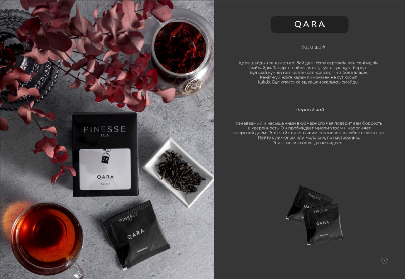 A flat lay features Finesse Tea's Qara black tea, including a box, single-serving packets, loose tea leaves, and a brewed cup, alongside decorative foliage.