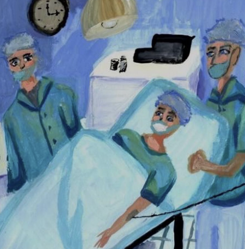 The painting depicts a patient lying on an operating table, attended by two surgeons in masks and surgical caps, under an operating light, with a clock on the wall.