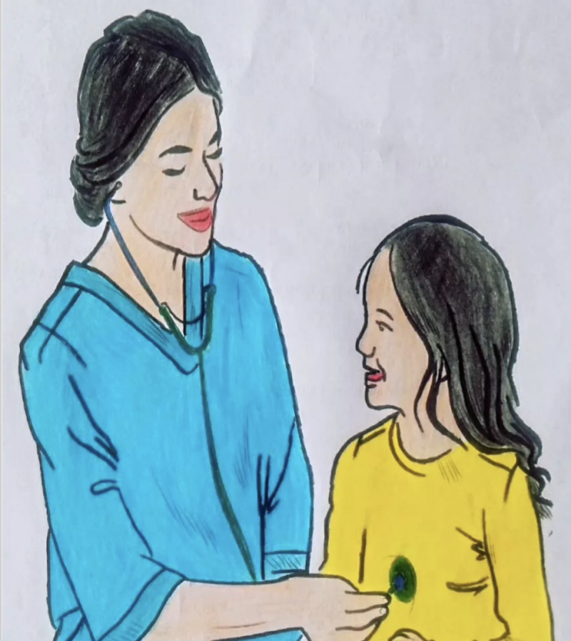 A drawing shows a doctor with a stethoscope examining a young patient, who is smiling.