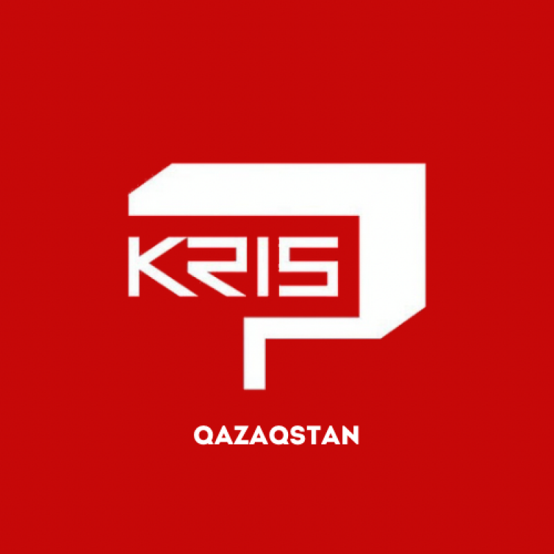 A logo featuring the word "KRIS" stylized in a futuristic font, combined with a letter "P" shape, above the word "QAZAQSTAN" in white against a red background.