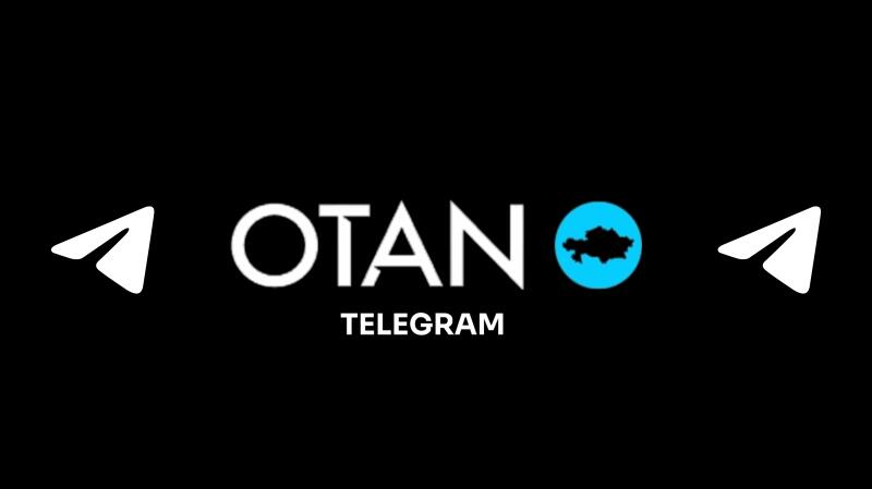 The image features the word "OTAN" in white letters, followed by the word "TELEGRAM" underneath. To the left and right of the word, there are white paper airplane icons, and next to the word "OTAN", there is a blue circle with a black silhouette of the country of Kazakhstan inside.