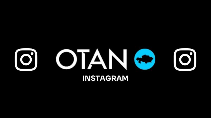 The image features the word “OTAN” in white, with the letter “O” replaced by the Instagram logo on either side, and the letter “A” replaced by a light blue circle containing a silhouette of Kazakhstan; below this is the word “INSTAGRAM” in white.