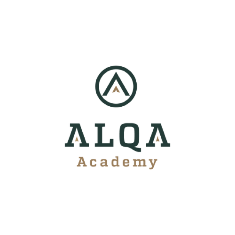 The image shows the logo for "ALQA Academy," featuring the word "ALQA" in dark green, with the word "Academy" in a lighter shade below. Above the text is a circular emblem with a triangle inside.