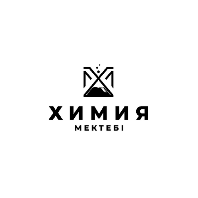 The image is a black and white logo for "ХИМИЯ МЕКТЕБI", featuring a stylized hourglass within a geometric frame.