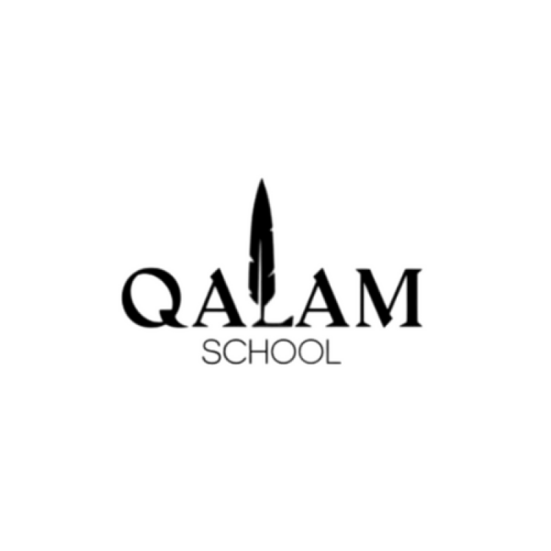 The logo for Qalam School is displayed in black and white, featuring a feather as part of the name.