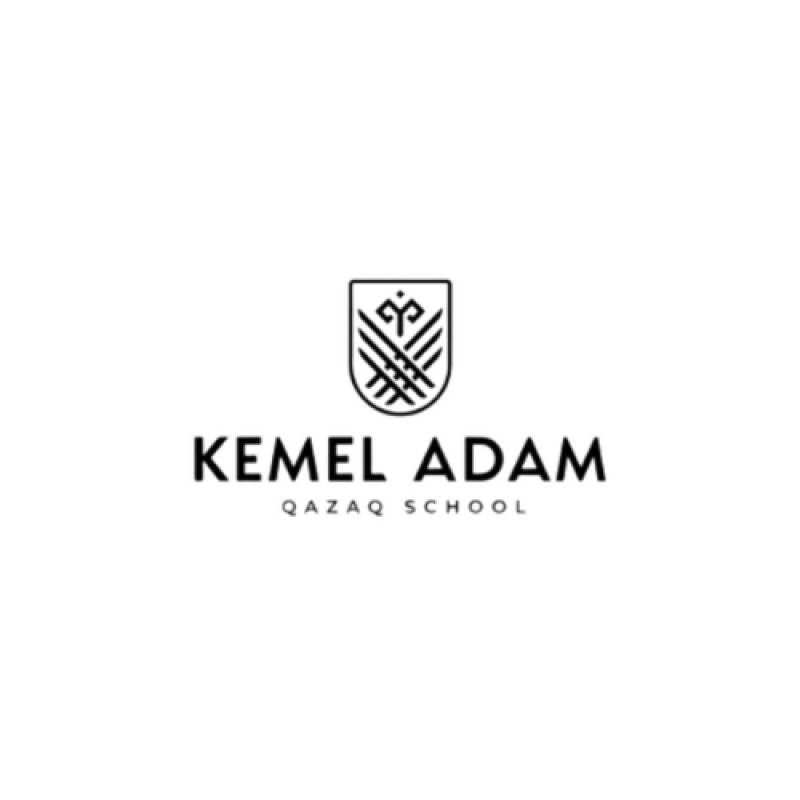 The image is a black and white logo for "KEMEL ADAM QAZAQ SCHOOL", featuring a stylized emblem above the text.