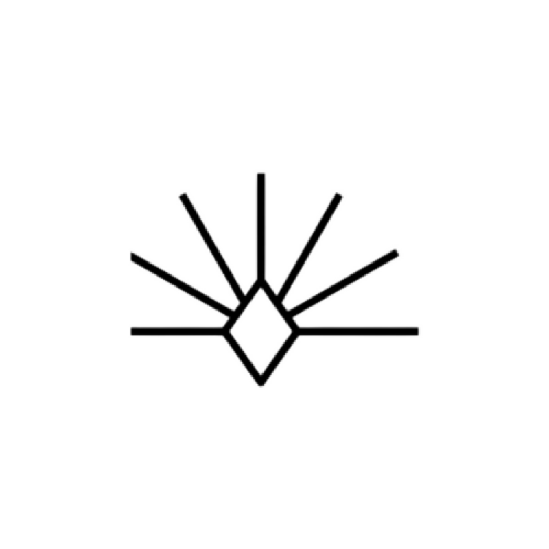 The image shows a black and white drawing of a diamond shape with lines radiating upwards and horizontally from it, resembling a stylized sun.