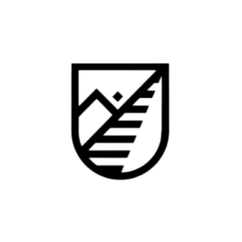 The black and white logo shows a shield containing a mountain on the left side and a leaf with horizontal lines on the right side.