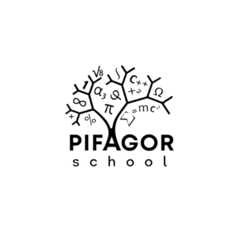 The logo features a stylized black and white tree with mathematical symbols such as pi, infinity, percentages, and formulas forming the branches and leaves, above the text "PIFAGOR school".