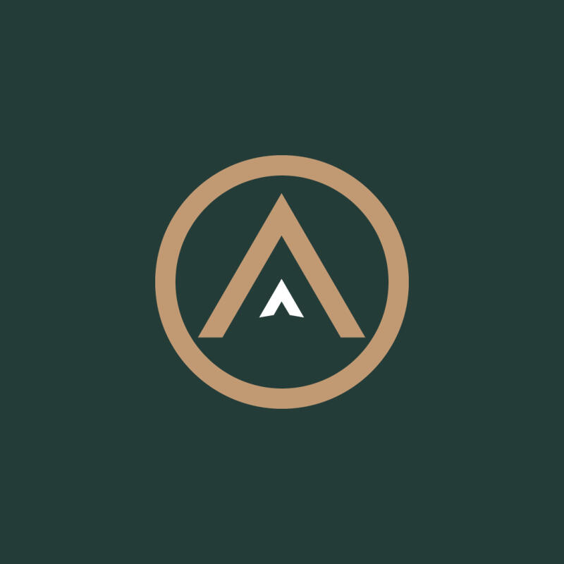 The image features a golden-brown circle containing a capital 'A' shape, with a small white arrow pointing upwards within the 'A', all set against a dark green background.