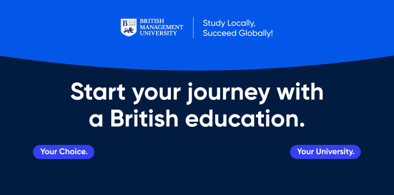 Изображение представляет собой рекламный баннер Британского университета управления с лозунгом «Учись локально, преуспевай глобально!» и призывом к действию: «Начни свой путь с британским образованием», а также двумя кнопками с надписями «Твой выбор» и «Твой университет».