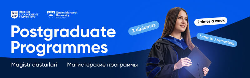 Изображение представляет собой рекламный баннер для программ последипломного образования в British Management University и Queen Margaret University Edinburgh, с изображением студента в выпускном наряде и текстом, выделяющим ключевые особенности, такие как «2 диплома», «2 раза в неделю» и «Экспресс 3 семестра».