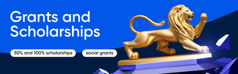 На изображении рекламируются гранты и стипендии, включая «50% и 100% стипендии» и «социальные гранты», рядом с золотой статуей льва на синем фоне.