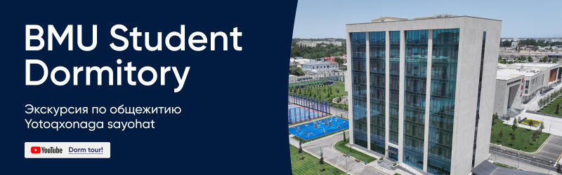 На изображении рекламируется студенческое общежитие BMU, представлено современное многоэтажное здание со стеклянным фасадом. Текст слева гласит: "BMU Student Dormitory", "Экскурсия по общежитию", "Yotoqxonaga sayohat", и включает ссылку на YouTube для тура по общежитию.
