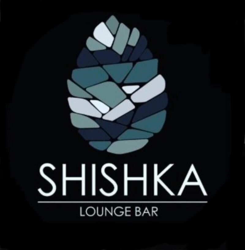 The image shows a logo for "SHISHKA LOUNGE BAR" on a black background, featuring a stylized pinecone composed of various shades of blue and white.