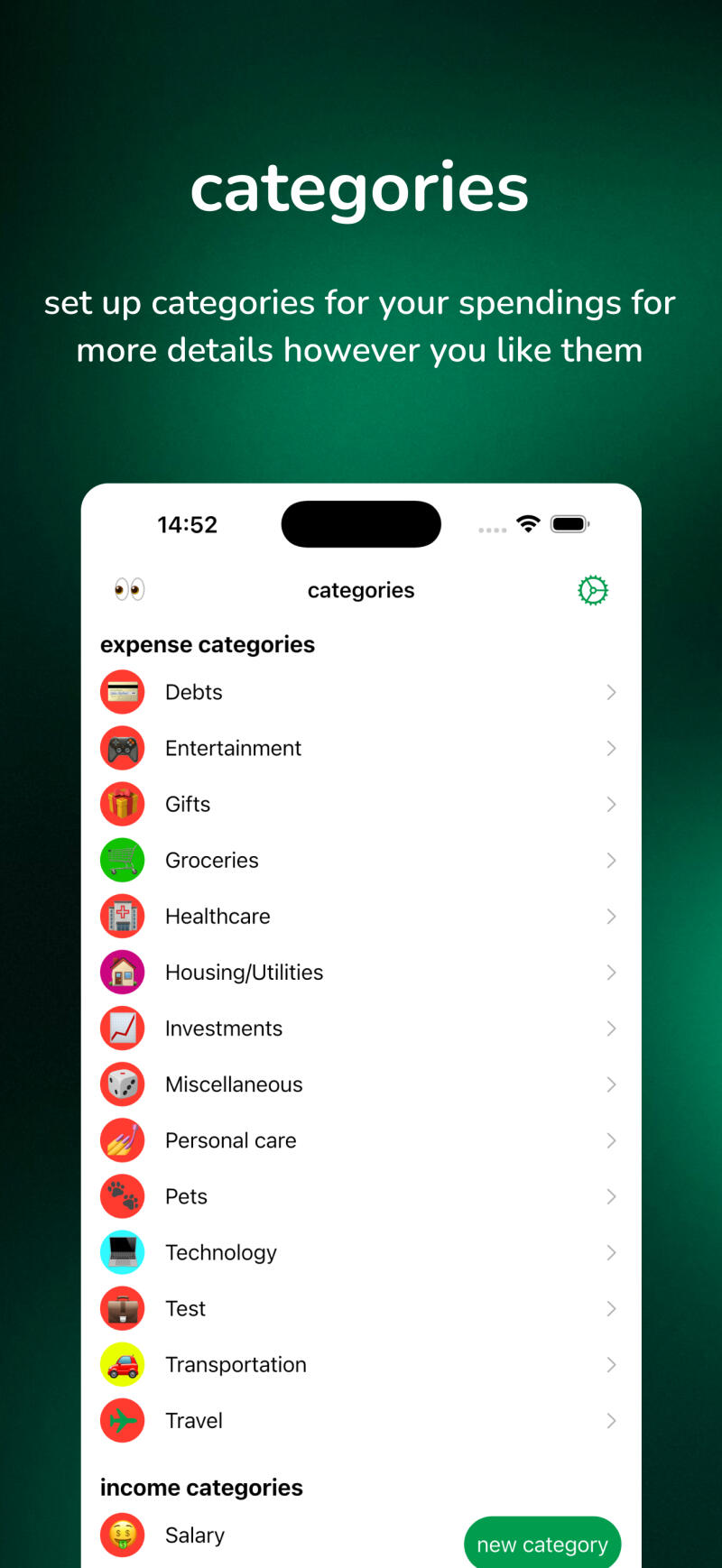 The image displays a mobile app screen titled "categories" with sections for expense and income categories, including options like Debts, Entertainment, Gifts, Groceries, Healthcare, Housing/Utilities, Investments, Miscellaneous, Personal Care, Pets, Technology, Test, Transportation, Travel, and Salary, with a "new category" button at the bottom.