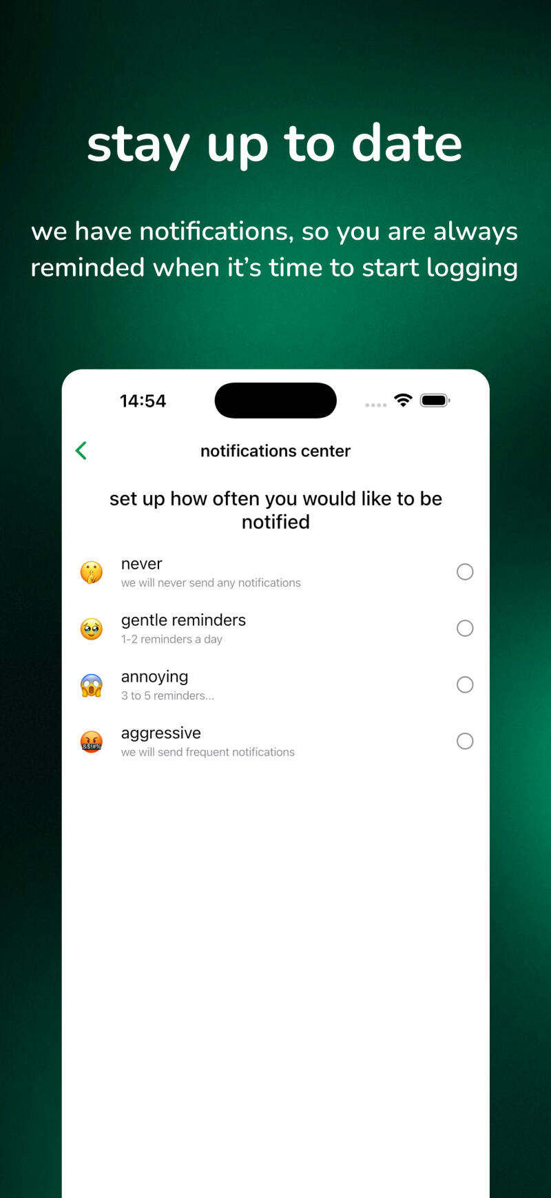 The image shows a screen from a mobile app with notification settings. The options range from "never" to "aggressive," each with a corresponding emoji and description of notification frequency.