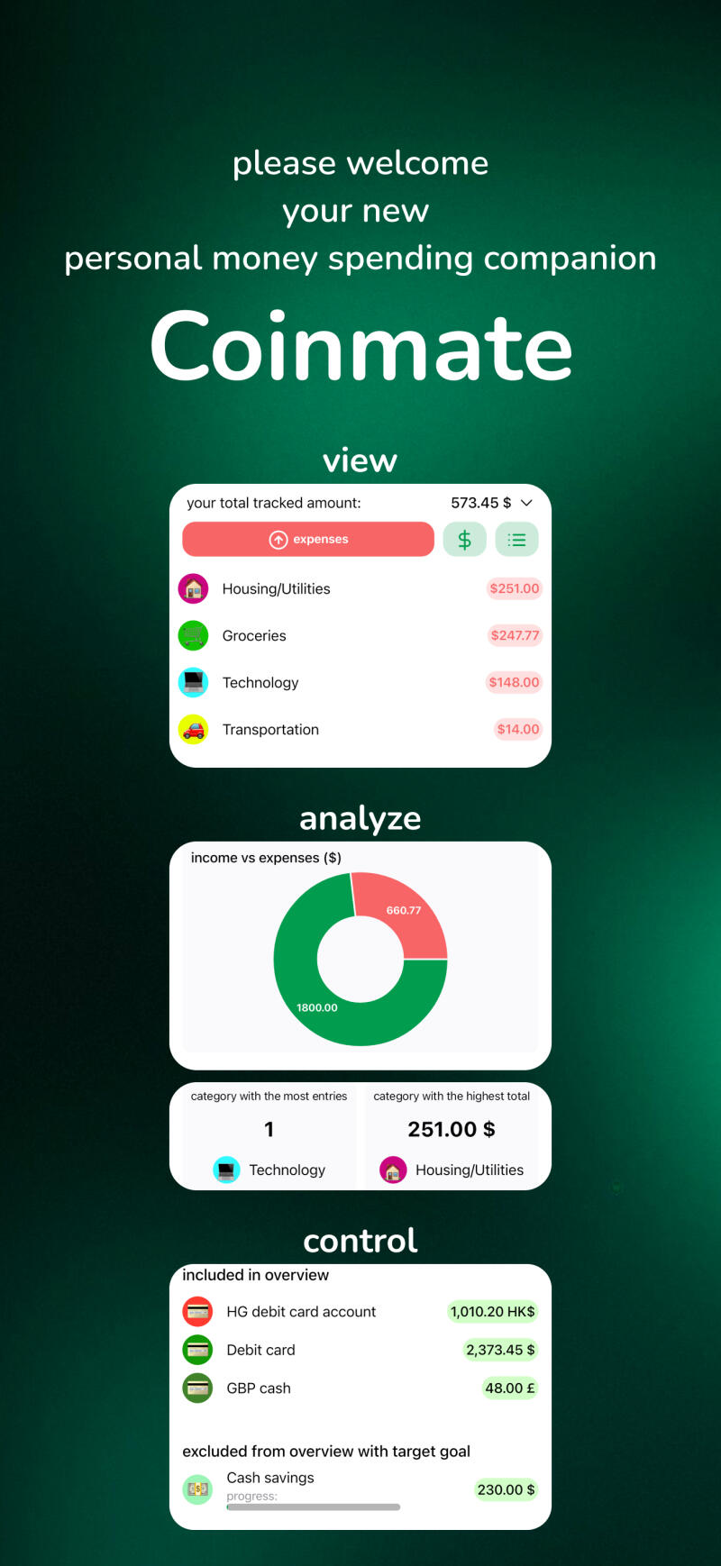 A mobile application interface titled Coinmate displays personal money spending information, including expenses, income vs expenses, and financial accounts.