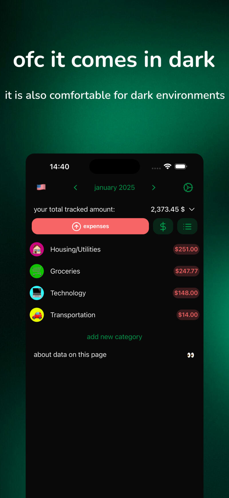 A mobile app interface is displayed, showing a financial tracking dashboard with categories like Housing/Utilities, Groceries, Technology, and Transportation, along with their respective costs, the total tracked amount is $2,373.45, and the date is set to January 2025.