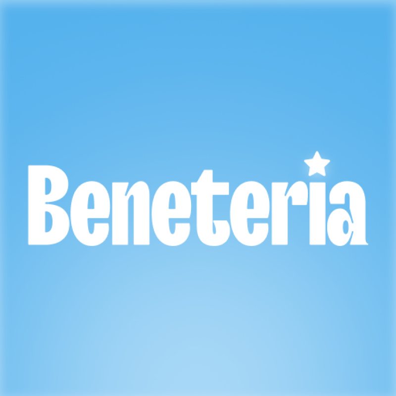The image displays the word "Beneteria" in white, stylized font against a soft blue background, with a white star symbol placed above the 'i'.