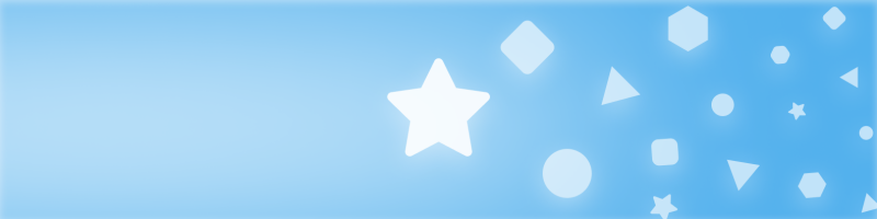 The image is a light blue background with various white geometric shapes including stars, circles, squares, triangles, and hexagons.