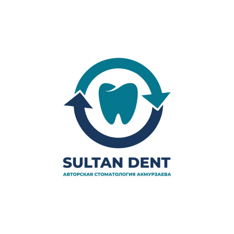The image features the logo for "Sultan Dent", which includes a stylized tooth inside a circular arrow design, with the text "АВТОРСКАЯ СТОМАТОЛОГИЯ АКМУРЗАЕВА" below the brand name.
