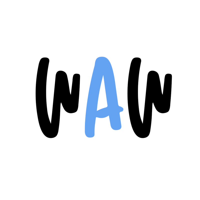 На изображении слово 'WAW', написанное стилизованным рукописным шрифтом, с двумя 'W' в черном цвете и 'A' в светло-голубом цвете.
