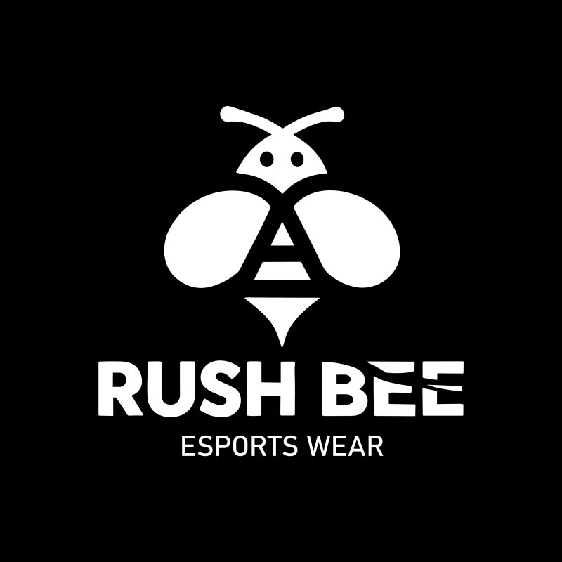 The logo features a stylized white bee with the letter 'A' incorporated into its body, positioned above the text 'RUSH BEE' and 'ESPORTS WEAR' in white against a black background.
