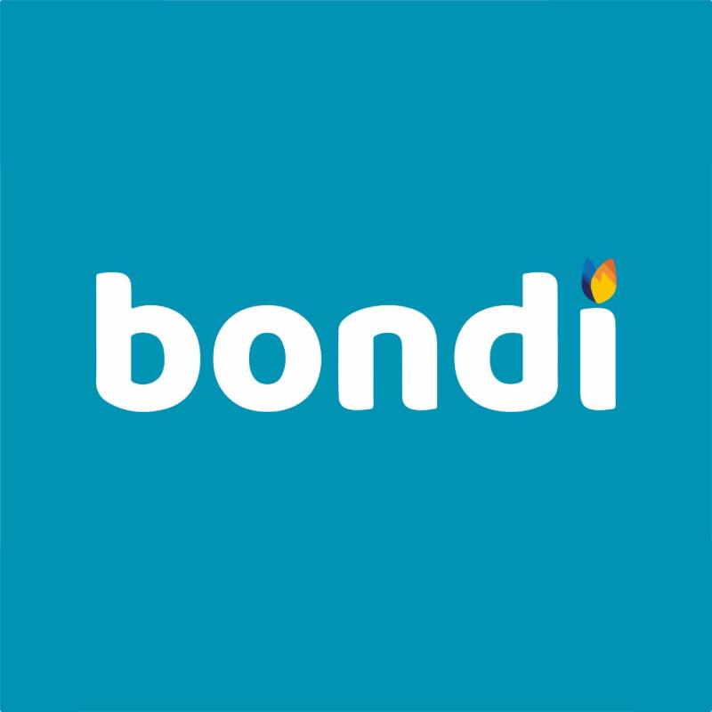 The image shows the word "bondi" in white letters on a teal background with a small, colorful flame-like icon above the "i".