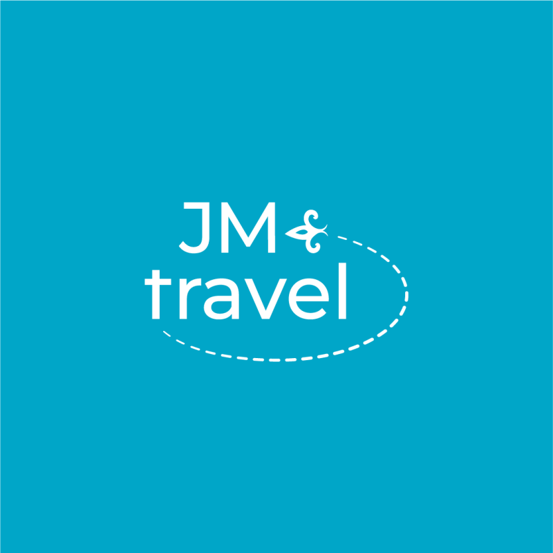 The image features the text "JM & travel" in white against a bright blue background, with a decorative ampersand and a dotted oval shape partially surrounding the text.