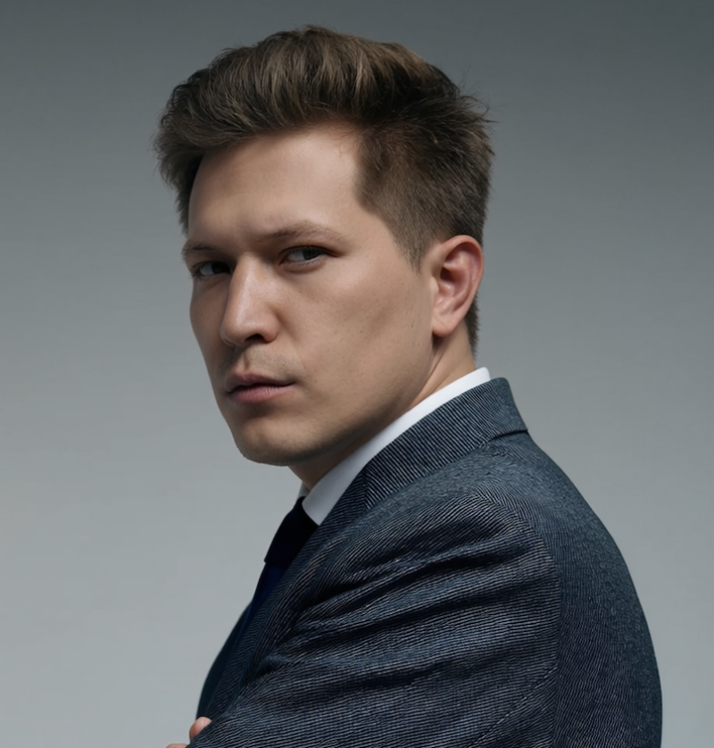 A man with brown hair, wearing a suit and tie, looks intensely over his shoulder.