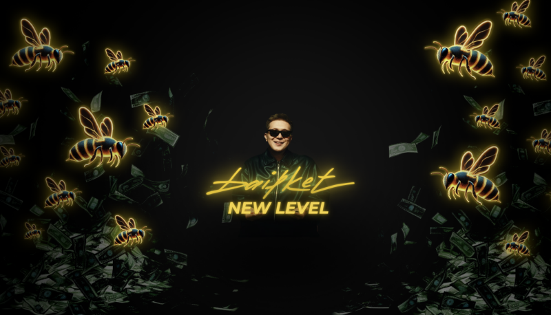 The image features a person in sunglasses, centered above the text "Daiiket NEW LEVEL", surrounded by glowing bees and falling money on a black background.