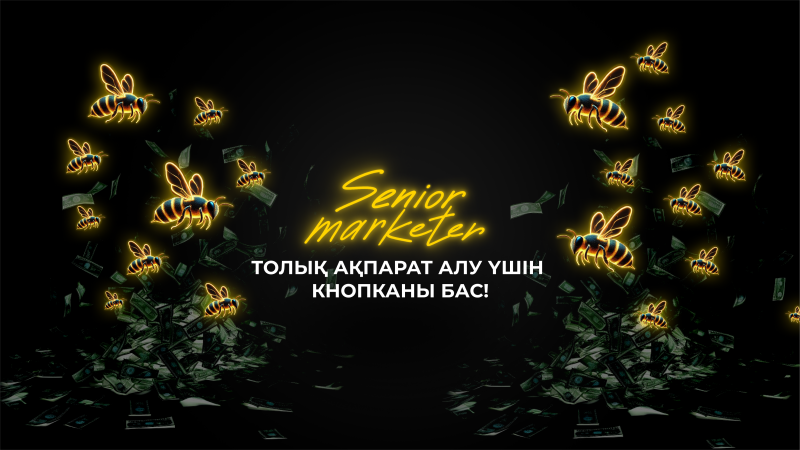 The image features the text "Senior marketer" and "ТОЛЫҚ АҚПАРАТ АЛУ ҮШІН КНОПКАНИ БАС!" surrounded by glowing cartoon bees and scattered money on a black background.