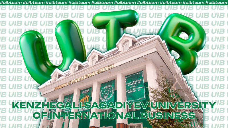 The image features the Kenhegali Sagadiyev University of International Business building with large, green, inflated letters spelling 'UIB' above it. The university's name is prominently displayed, and the background is filled with repeating 'UIB' text.