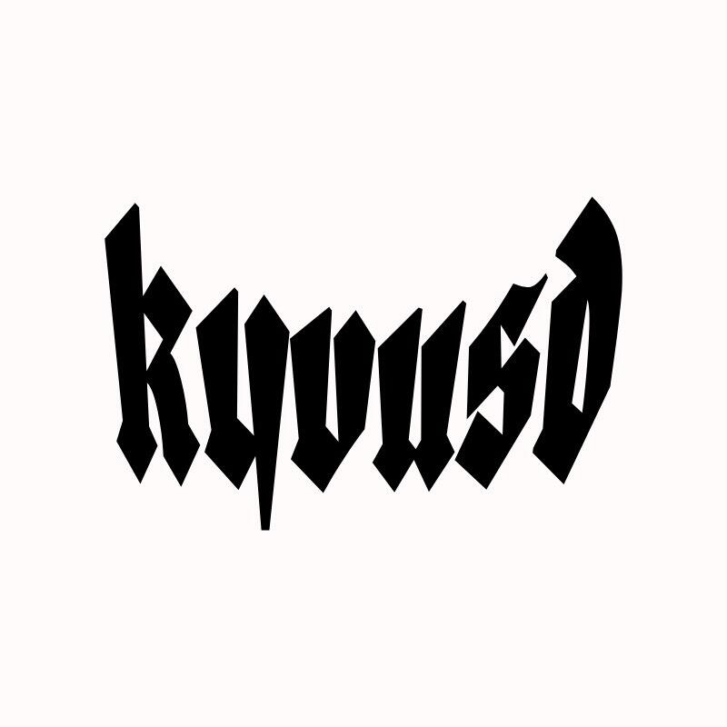 The image displays the word "kyuusd" in a stylized, black, gothic-style font against a white background.