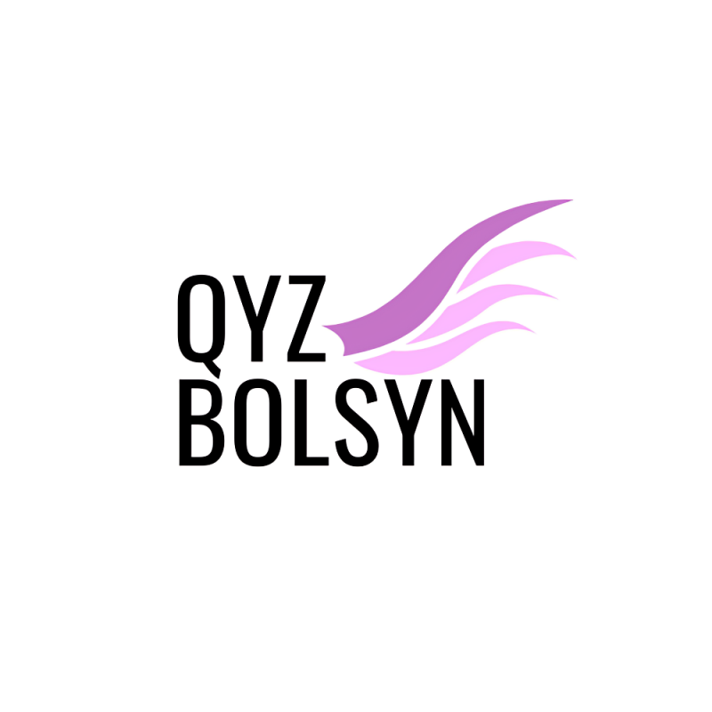 The logo features the text "QYZ BOLSYN" in black, stacked vertically, with a stylized purple and light pink wing graphic extending from the top right of the letters.