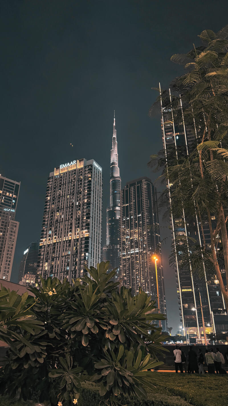 The nighttime cityscape features several skyscrapers, including the Burj Khalifa, with the 'EMAAR' logo visible on one building, set against a dark sky and framed by lush greenery in the foreground.