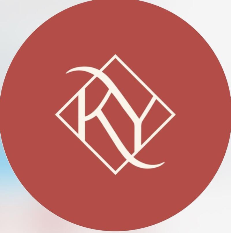 The image features a stylized logo of the letters 'KY' in white, set within a white square rotated at a 45-degree angle, all against a red circular background.