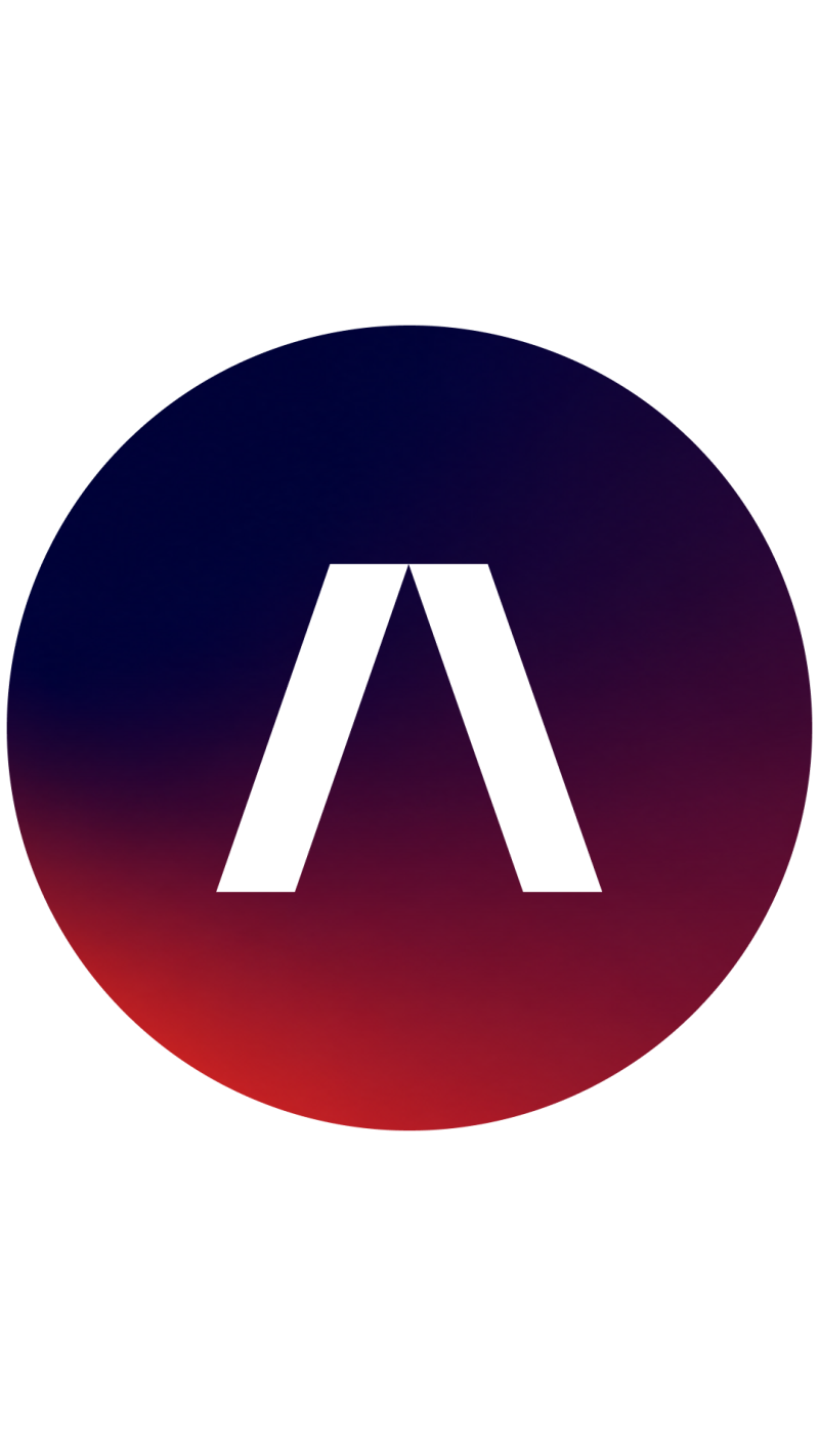 A white stylized 'A' letter or chevron symbol is centered within a circular gradient background that shifts from dark blue at the top to red at the bottom, all set against a white background.