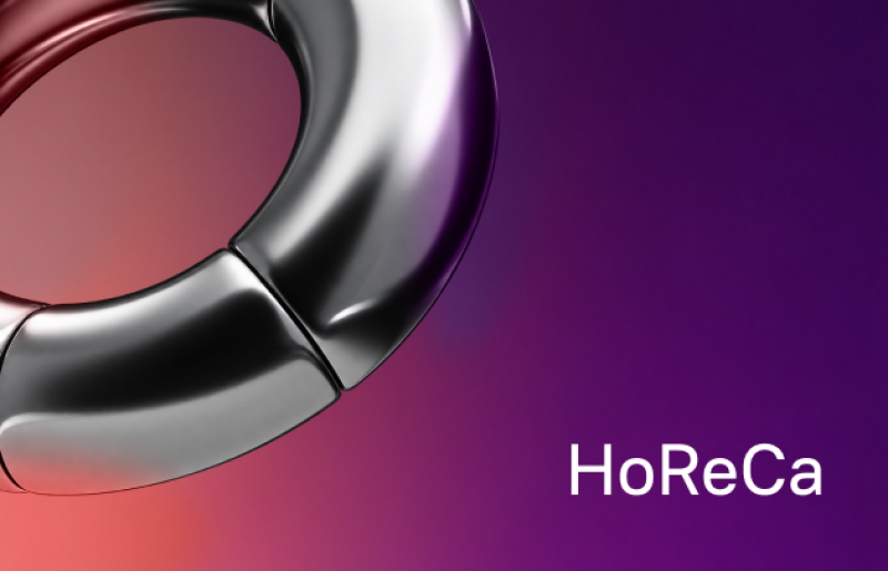 A metallic, segmented ring is shown on the left against a gradient background transitioning from reddish-pink to dark purple, with the text "HoReCa" in white in the bottom right.